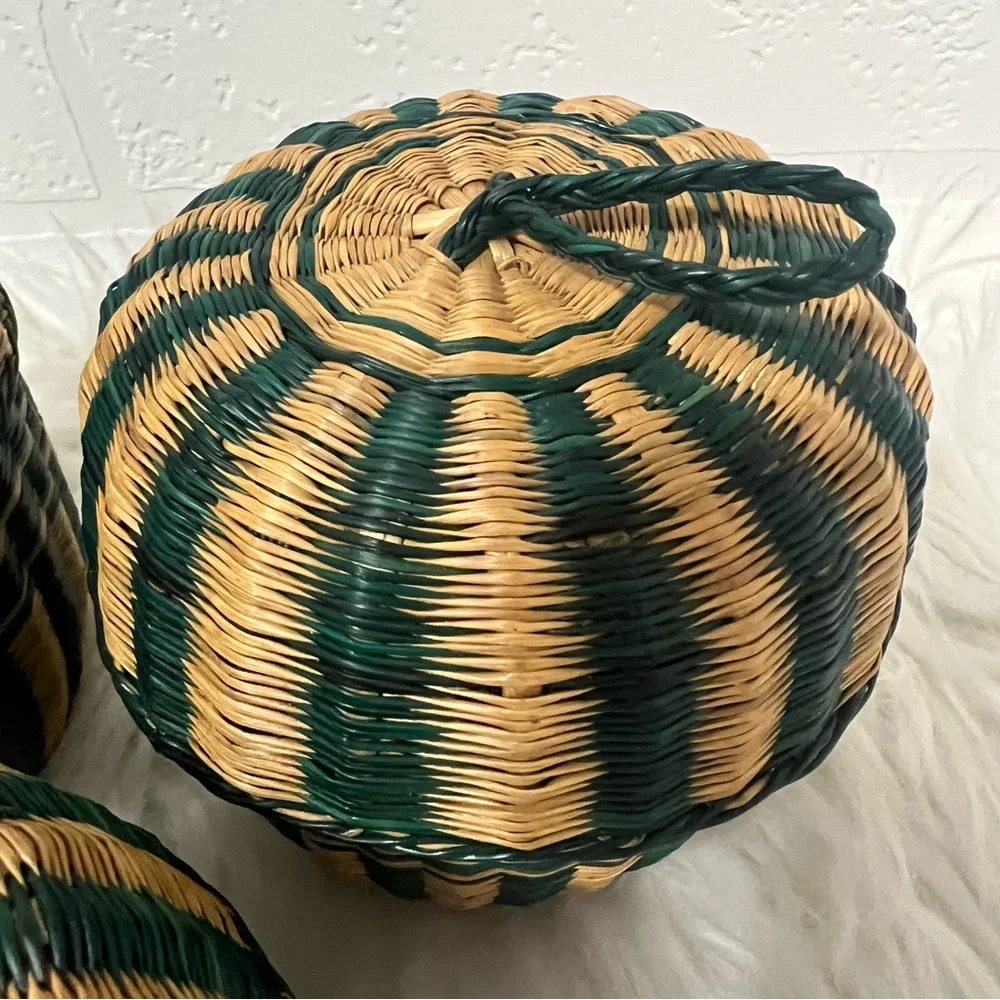Vintage Bohemian Retro Cottagecore Rustic Striped Woven 3 Nesting Baskets